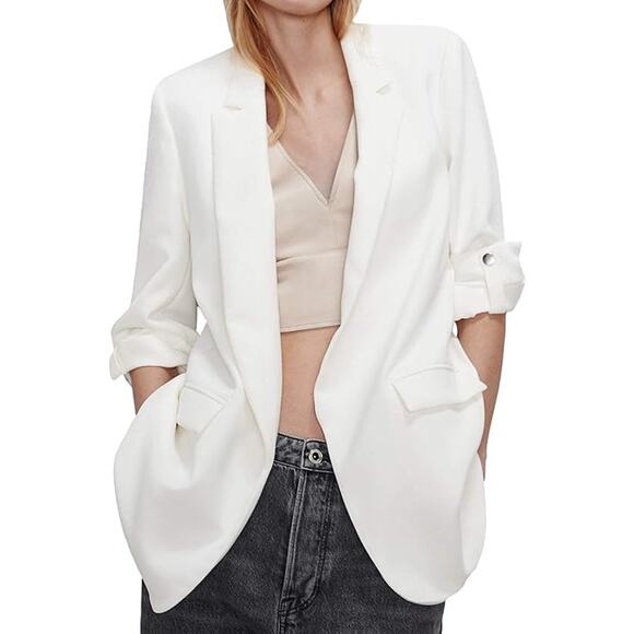 Zara Open Front Blazer Jacket Rolled Up Sleeve Career Chic Minimalist Ivory Sz S - Picture 1 of 10